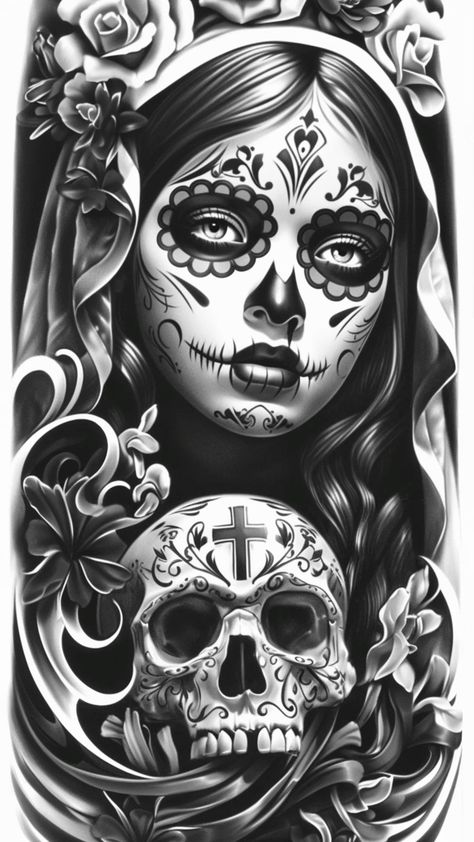 Tattoo Mexican Culture, Santisima Muerte Tattoo, Day Of The Dead Drawings, Chicano Tattoo Design Ideas, Dia De Los Muertos Tattoo Ideas, Hard Tattoos Men, Sugar Skull Tattoo Design, Day Of The Dead Tattoo Designs, Virgin Mary Tattoo Design