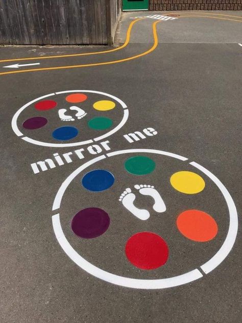 Playground Painting, Preschool Playground, Mirror Me, Pe Ideas, Playground Games, School Murals, Gross Motor Activities, School Playground, Natural Playground