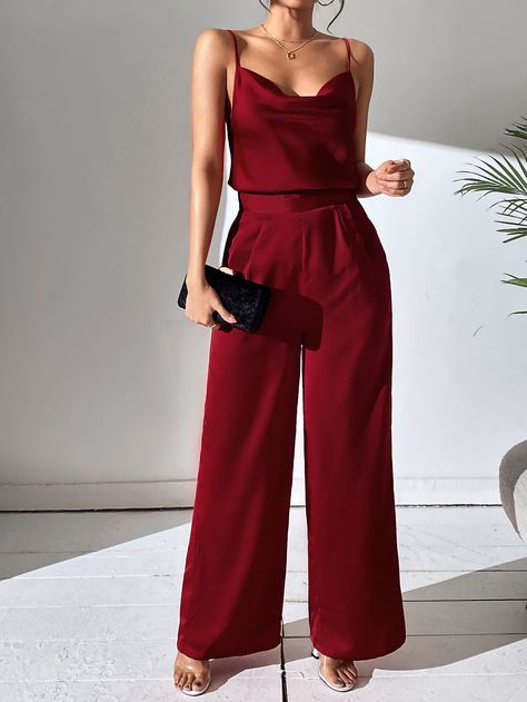 Burgundy Elegant Collar Sleeveless  Plain  Embellished Non-Stretch  Women Clothing Outfit Pantalon Rojo, Bachelorette Cruise, Wide Leg Pants Outfit, Wide Leg Pants Outfits, Preppy Prom, Draped Collar, Leg Pants Outfit, Trendy Business Casual, Business Formal Dress