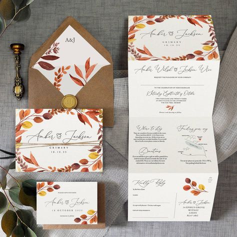 October Save The Date Ideas, Autumn Aesthetic Wedding, Autumn Wedding Invites, Wedding Invitations Orange, Autumn Wedding Decorations, Fall Wedding Invitations Diy, Oktoberfest Wedding, Autumn Themed Wedding, Autumn Wedding Invitations