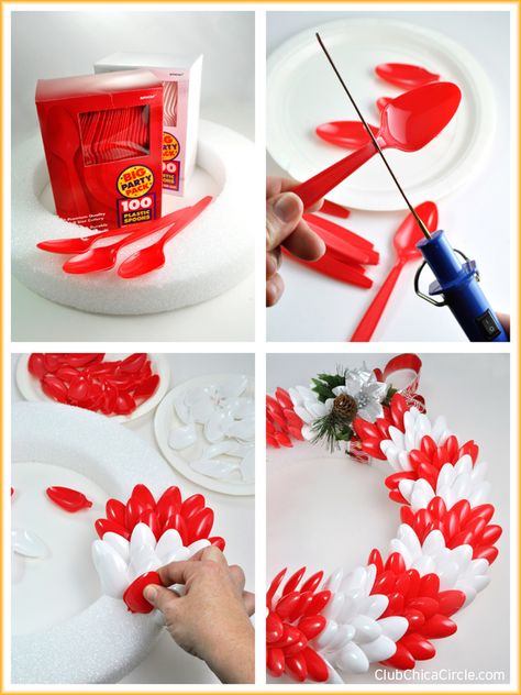 How to make an easy holiday wreath with colorful plastic spoons #makeitfuncrafts Spoon Wreath, Plastic Spoon Art, Plastic Spoon Crafts, Spoon Craft, Christmas Spoons, Silverware Crafts, Spoon Crafts, Plastic Silverware, Spoon Art