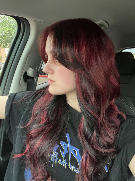 Black W Red Highlights, Burgundy Peak A Boo Highlights, Red Black And Brown Hair, Dark Red Hair Black Highlights, Black Lowlights In Red Hair, Red With Light Red Highlights, Red Hair With Black Front Pieces, Dark Red Hair With Black Tips, Cherry Red Hair With Black Highlights