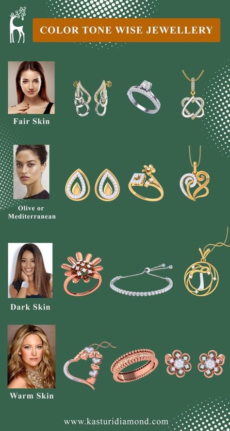 select jewellery according to your skin tone only at Kasturi Diamond. Jewelry For Cool Skin Tone, What Color Jewelry For Skin Tone, Gold Or Silver Jewelry Skin Tone Chart, Olive Skin Tone Clothes, Olive Undertone Skin, Colour Jewellery, Necklace For Neckline, Wardrobe Checklist, Caramel Skin