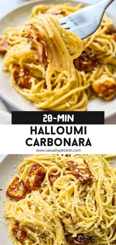 Close up of a plate of pasta with captions Haloumi Recipes, Creamy Carbonara, Simple Family Meals, Favorite Recipes Dinner, Spaghetti Carbonara, Vegetarian Recipes Dinner, Vegetarian Dinner, Veggie Dishes, Vegetarian Dishes