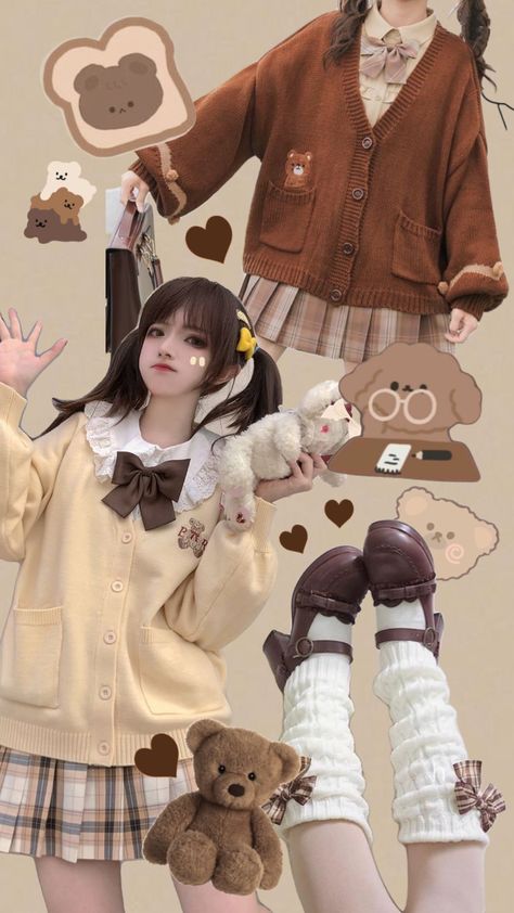 #brown #kawaii #kawaiifashion #kawaiiaesthetic #brownoutfit Bear Themed Outfit, Kawaii Brown Outfit, Kawaii Brown Aesthetic, Kawaii Autumn Outfits, Bear Aesthetic Outfit, Kawaii Fall Outfits, Cute Brown Outfits, Kawaii Core Outfit, Hogwarts Items