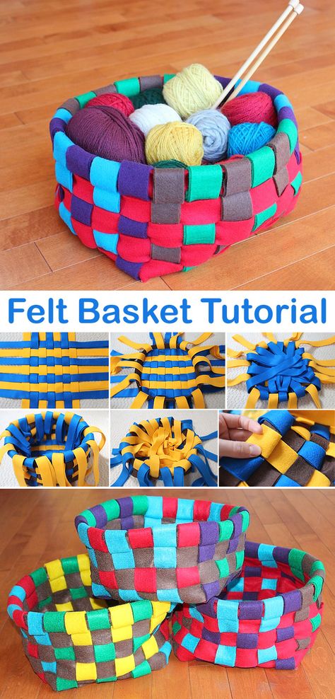 Felt Storage Basket Free Pattern & Tutorial How To Make A Felt Basket, Playdate Activities, Felt Storage Basket, Super Saturday Crafts, Sew Felt, Felt Food Diy, Felted Basket, Felt Basket, Basket Tutorial