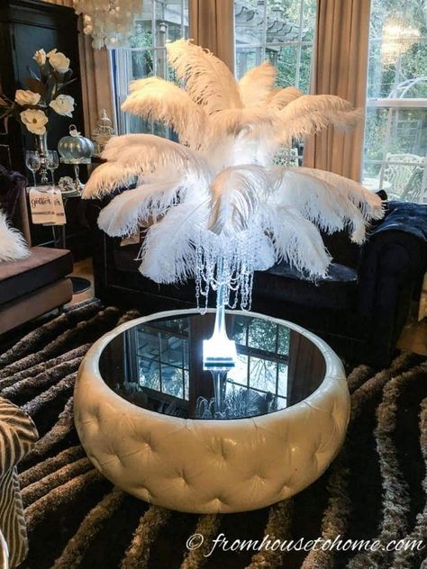 How To Make A Glam Gatsby DIY Feather Centerpiece | Baby Showers Feather Centerpieces Diy, Feather Centerpiece Wedding, Feather Decorations, Centerpiece Tutorial, Gatsby Glam, Ostrich Feather Centerpieces, Centerpiece Inspiration, Event Centerpieces, Speakeasy Party