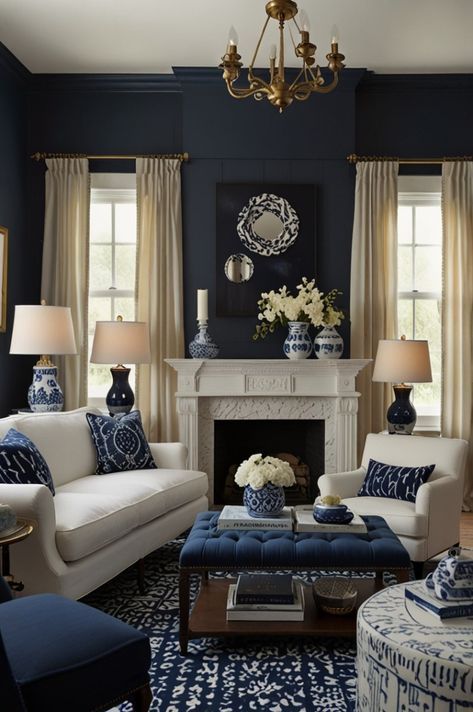 White Living Room Decor Ideas, Cream Sofa Living Room, Navy Couch, White Living Room Ideas, Modern White Living Room, Blue And White Living Room, Oval Room Blue, White Living Room Decor, Cream Living Rooms