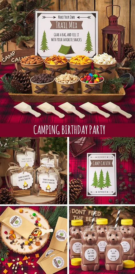 Campout Themed Birthday Party, Camper Retirement Party Ideas, Outdoor Themed Party Ideas, Camp Out Bday Party, Camping Theme 3rd Birthday Party, Adventure Birthday Party Theme, Camping Party Theme Food, Diy Camping Decorations Party Ideas, Happy Camper Retirement Party