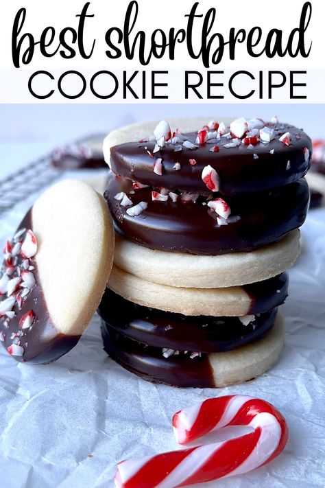 These easy and delicious chocolate dipped shortbread peppermint cookies are the most festive Christmas cookies for sharing with friends and family during the holiday season! Save these Christmas shortbread cookies for your baking list this year! Whipped Short Bread Cookies, Shortbread Dipped In Chocolate, Christmas Cookies Shortbread, Whipped Shortbread Cookies Christmas, Chocolate Shortbread Cookies Recipes, Chocolate Dipped Shortbread, Festive Christmas Cookies, Best Shortbread Cookie Recipe, Christmas Shortbread Cookies