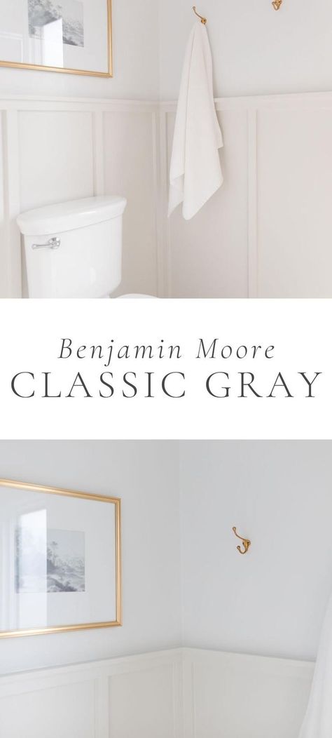 If you’re looking for the perfect neutral greige paint color, this one might win! Learn why Benjamin Moore Classic Gray is such a good greige! Classic Gray Bathroom, Neutral Bathroom Paint Colors, Classic Grey Bathrooms, Neutral Living Room Paint, Best Greige Paint Color, Grey Bathroom Paint, Greige Paint Color, Benjamin Moore Bathroom, Gray Basement