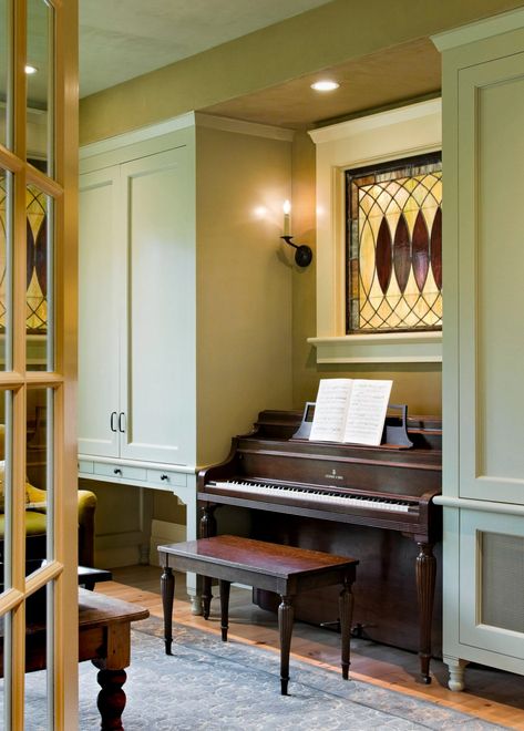 How to Decorate Around a Piano | QualityBath.com Discover Piano Shelves, Victorian Family Room, Piano Nook, Windows Design Ideas, Vintage Playroom, Piano Room Decor, Piano Lounge, Robeson Design, Hidden Desk