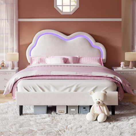 OMG this bed is out of this world!! A built in LED strip adds such a cool touch! Your kids will lose their mind over this! Space under bed for storage too! SO COOL! Cloud Headboard, Contemporary Bed Frame, Room Improvement, Led Bed, Girl Bed, Dreamy Atmosphere, Shaped Headboard, Led Beds, Led Bed Frame