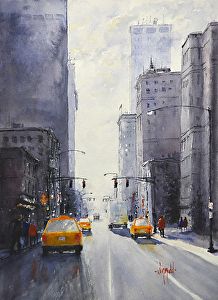 Slim Chance of Rain by Judy Mudd Urban Art Painting, New York Illustration, New York Landscape, New York Painting, Watercolor Scenery, New York Buildings, Large Modern Wall Art, City Skyline Art, Landscape Painting Tutorial