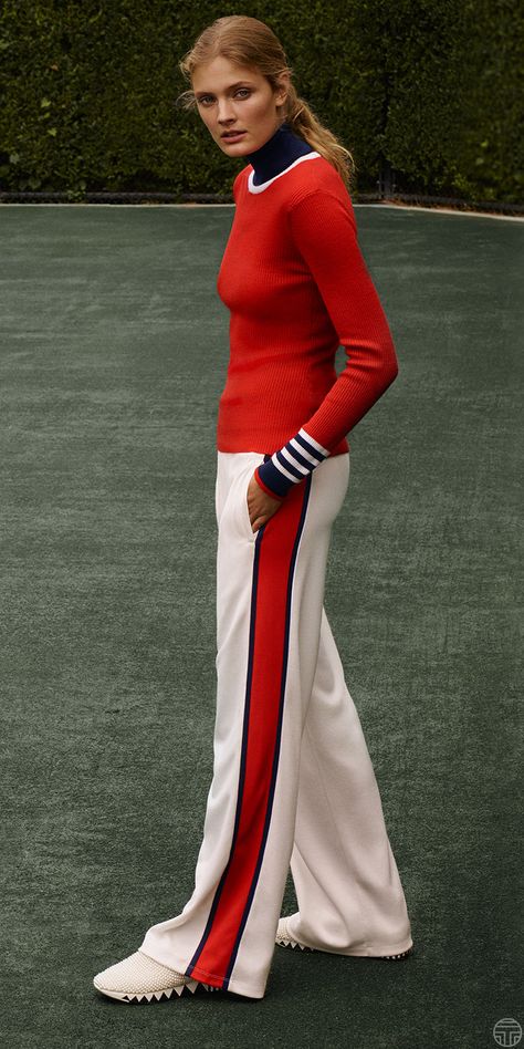 Your first look at the debut @TorySport collection, which is inspired by iconic… 70s Sportswear, Side Stripe Pants, Tennis Fashion, Activewear Fashion, Trailer Park, Sports Wear, Golf Fashion, Sporty Outfits, Sporty Chic