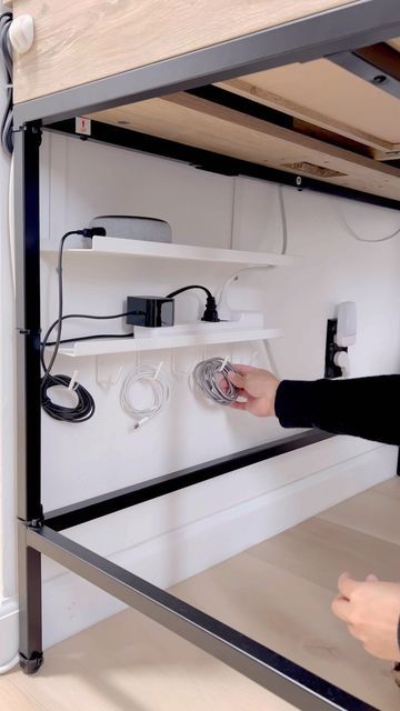 Bedroom Electronic Storage, Office Cables Organization, Under Desk Wire Organization, Office Cord Organization, Cable Organization Desk, Hiding Cables Desk, Underdesk Cable Management, Under Desk Storage Ideas Diy, Under Table Storage Ideas