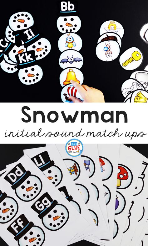 Kids love this Snowman Initial Sound Match-up. It helps them to learn sounds and phonemes at the beginning of words in an enjoyable hands-on way! Beginning Sound Activities Preschool, Snowman Theme Preschool, Phonics Christmas Activities, Initial Sounds Activities Eyfs, Snowman Letters Free Printable, Kindergarten Small Group Activities Letter Sounds, Christmas Letter Sound Activities, Christmas Beginning Sounds, Prek Projects