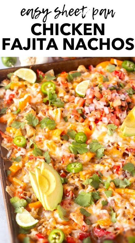 Whip up these irresistible and easy sheet pan chicken fajita nachos! Loaded with cheesy goodness and simple chopped toppings, they're perfect for a quick homemade dinner or party snack. This tasty recipe combines flavorful chicken fajitas with the convenience of sheet pan baking for the best oven-baked nachos. Find other easy gluten free recipes at hotpankitchen.com! Fajita Nachos Recipe, Chicken Fajita Nachos, Fajita Nachos, Easy Sheet Pan Chicken, Nachos Loaded, Easy Gluten Free Recipes, Loaded Chicken, Baked Nachos, Sheet Pan Meals Chicken