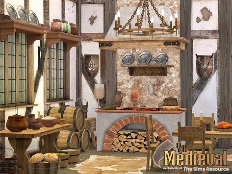 Fantasy House Interior, Medieval Kitchen, Royal Kitchen, Sims 4 Decades Challenge, Sims Medieval, Sims 4 Kitchen, Medieval Decor, Sims 4 Challenges, Medieval Furniture