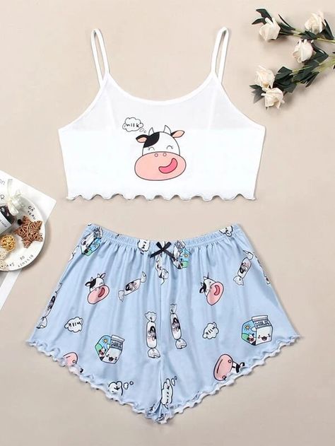 Cow Print Lettuce Trim Pajama Set | SHEIN USA Sleepwear Outfits, Summer Pyjamas, Cute Lounge Outfits, Pyjama Satin, Girls Nightwear, Cute Sleepwear, Cute Pajama Sets, Pajama Outfits, Cute Pants