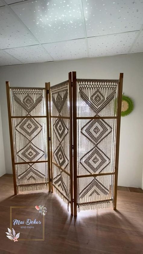 DIY Macramé Room Divider/ Folding Screen (Full tutorial is on my Youtube) in 2022 | Macrame wall hanging diy, Bohemian living room, Diy curtains Living Room Macrame, Room Divider Folding, Macrame Room Divider, Temporary Room Dividers, Beaded Door Curtains, Diy Bohemian, Drawing Room Design, Hanging Diy, Diy Room Divider