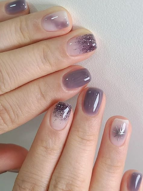 Korean Nails Purple Jelly, Gray Summer Nails, Gray Jelly Nails, Nail Art Ungu Lilac, Translucent Jelly Nails, Translucent Nails Acrylic, Lilac Jelly Nails, Korean Purple Nails, Simple Pretty Nail Designs