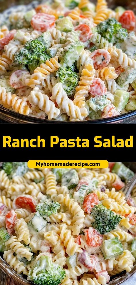 Ranch Pasta Salad is a quick and easy dish loaded with pasta, fresh veggies, and a creamy ranch dressing. Perfect for picnics, potlucks, or as a side for any meal! Ingredients: 2 cups pasta 1/2 cup ranch dressing 1 cup cherry tomatoes 1/2 cup cucumber A fresh, flavorful salad that’s always a hit Side Salads For Parties, Lunch Ideas Salads, Easy Cold Pasta Salad, Homemade Pasta Salad, Cold Pasta Dishes, Veggie Pasta Salad, Wedding Recipes, Pasta Fresh, Creamy Pasta Salads