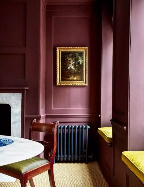 Pop Of Color Dining Room, Purple Palace, Purple Dining Room, Ben Pentreath, Georgian House, Airy Room, Iron Bed Frame, London Townhouse, Colored Ceiling