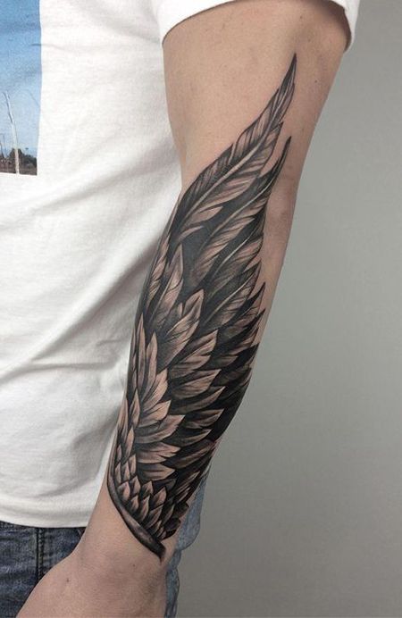 30 Cool Forearm Tattoos for Men - The Trend Spotter Forearm Wing Tattoo, Wing Tattoo Arm, Tattoos Arm Mann, 11 Tattoo, Alas Tattoo, Tato Flash, Wing Tattoo Men, Tattoo Placements, Forearm Band Tattoos