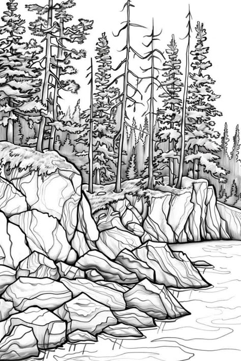 River Drawing, Landscape Drawing Easy, Forest Coloring Pages, Forest Coloring, Forest Drawing, Coloring Page Free Printable, Multiplication Chart, Lush Forest, Forest Scenery