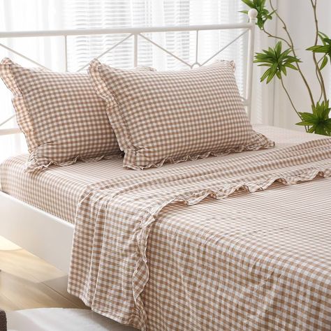 K MASANIJI Taupe White Plaid Ruffle Sheets Queen Size 4-Piece Set, 300TC 100% Yarn Dyed Washed Cotton Checker Sheets 18'' Deep Pocket Farmhouse Gingham Decorative Bedding（Taupe/White Plaid, Queen） : Amazon.ca: Home Printed Bed Sheets, Gingham Sheets Bedding, Cute Sheets Bed, Fall Bed Sheets, Fall Sheets, Checkered Sheets, Gingham Bedding, Vintage Bed Sheets, Gingham Sheets