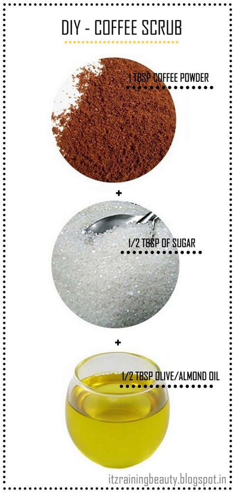 Diy Coffee scrub for Exfoliation  1. 1tbsp of coffee powder. 2. 1/2  tbsp of sugar. 3. 1/2 tbsp of olive oil.  Mix all ingredients in a bowl and apply it on your face. You can make it in a larger quantites and can be applied for all over your body for a nice exfoliated pack.  Apply it on skin for 10 mins and scrub gently over the skin and leave till it dries and wash it off. www.chicparlour.com #skincare #DIY Diy Coffee Scrub, Coffee Scrub Diy, Coffee Scrubs, Diy Skin Care Recipes, Diy Scrub, Coffee Scrub, Oil Mix, Beauty Remedies, Diy Skincare