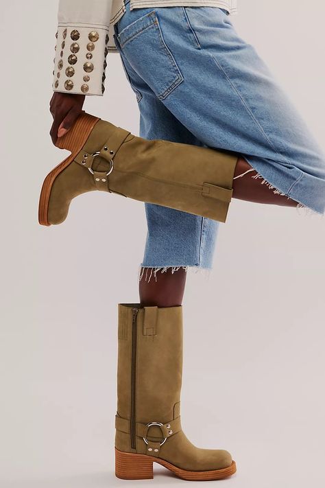 Kira Harness Boots | Free People Frye Boots Outfit, Frye Campus Boots, Upcoming Fashion Trends, Harness Boots, Frye Boots, Chunky Block Heels, Boots Knee, Biker Boots, Classic Leather