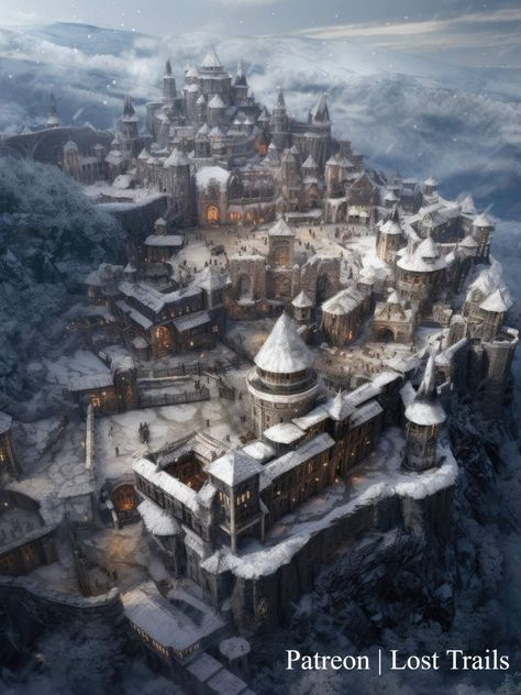 Iceland Castle, Fantasy Stone City, Fantasy Winter City, Winter City Fantasy Art, Viking Kingdom, Viking Town Art, Fantasy Viking City, Snow Kingdom Fantasy Art, Winter Fortress