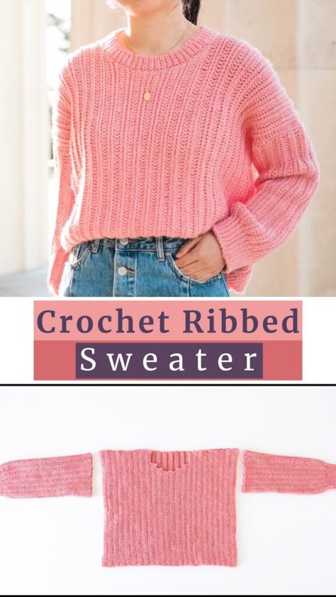 Pink Sweater Crocheting For Free - Crocheted World Crochet Ribbed Sweater, Crocheting Sweater, Crochet Jumper Pattern, Easy Crochet Slippers, Crochet Sweater Free, Cardigan Au Crochet, Gilet Crochet, Crochet Jumper, Crochet Sweater Pattern Free