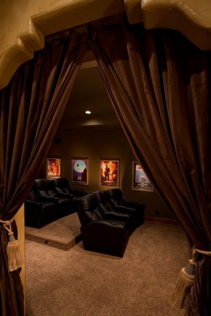 pull back curtain option for the door Family Movie Room, Cool Basement Ideas, Sala Cinema, Movie Theater Rooms, Basement Home Theater, Home Movie, At Home Movie Theater, Small Basements, Home Theater Rooms