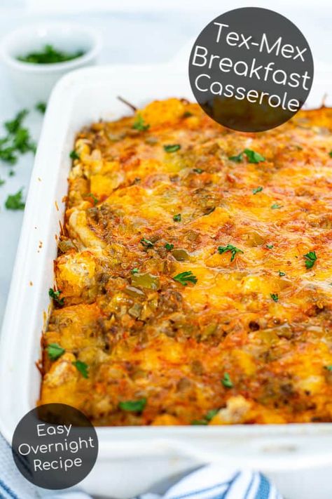 Tex-Mex Breakfast Casserole is full of flavorful sausage, english muffins, cheese, eggs, and salsa. It is easy to prep during the evening and rests in the the fridge overnight which allows for easy cooking in the morning by simply placing it in the oven. #breakfastcasserole #makeahead #sausage #easy Sausage English Muffins, Tex Mex Breakfast Casserole, Tex Mex Breakfast, Eggs And Salsa, Savory Brunch Recipes, Breakfast Egg Bake, Gluten Free Brunch Recipes, Baked Breakfast Casserole, Overnight Recipes