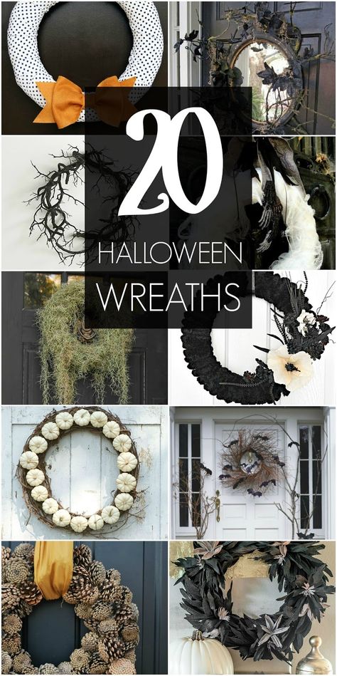 I’ve been wandering Pinterest trying to come up with ideas for a Halloween wreath.  There are so many good ones!!!  I mostly like my Halloween wreath to be just slightly creepy, but I also found some fun ones for kids, some pretty darn chic wreaths, and ones that can work for fall and Halloween.  The … Modern Halloween Wreath, Halloween Wreath Ideas, Scary Halloween Wreath, Pax Hack, Halloween Door Wreaths, Creepy Ghost, Diy Halloween Wreath, Indoor Wreath, Modern Halloween