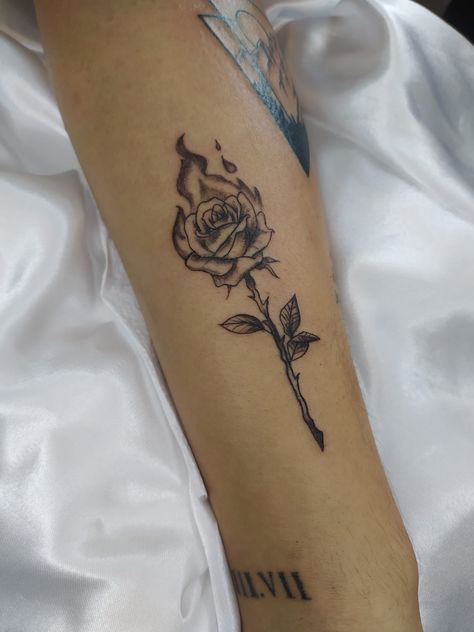 Rose On Fire Tattoo, On Fire Tattoo, Rose On Fire, Butterfly Tattoos Images, Rose Tattoos For Men, Small Rose Tattoo, Bottle Tattoo, Pretty Hand Tattoos, Type Tattoo