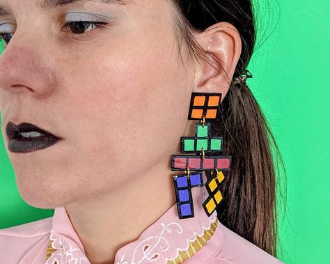 Tetris inspired/1984/addictive games/cool fashion/handmade Paper Mache Earrings, Red Flower Earrings, Girl God, Orange Square, 80s Aesthetic, Using Acrylic Paint, Eco Friendly Paper, Big Earrings, Game On