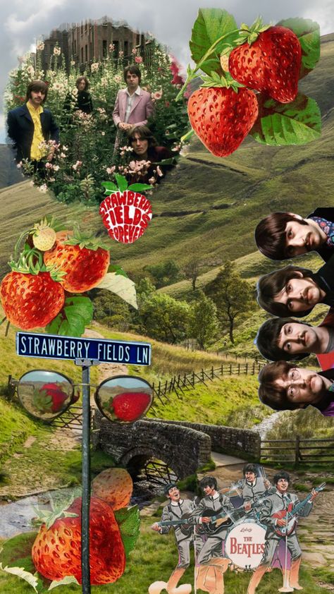 Strawberry Fields Forever Aesthetic, Strawberry Fields Aesthetic, Strawberry Lockscreen, Strawberry Fields Wallpaper, Strawberry Fairy, Strawberry Fields Forever, Collage Art Projects, Ipad Wallpapers, Strawberry Fields