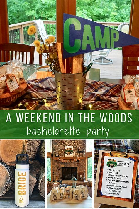 Escape to the woods with this camp themed bachelorette party! Grab your gal pals for a weekend full of lake time, hiking, and campfires. Full of ideas for your table setting, decorations, and more! #bacheloretteparty #cabin #glamping Glamping Bachelorette Party, Camping Bachelorette Party, Camping Bachelorette, Cabin Weekend, Camp Party, Themed Bachelorette Party, Camping Snacks, Wedding Ceremony Ideas, Awesome Bachelorette Party