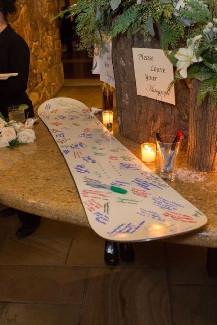 Totally Awesome Ideas For A Snowboard Themed Wedding Snowboard Guest Book, Snowboard Wedding, Creative Guest Book, Ski Wedding, Snow Board, Snow Wedding, Wedding Guest Book Alternatives, Winter Sport, Guest Books