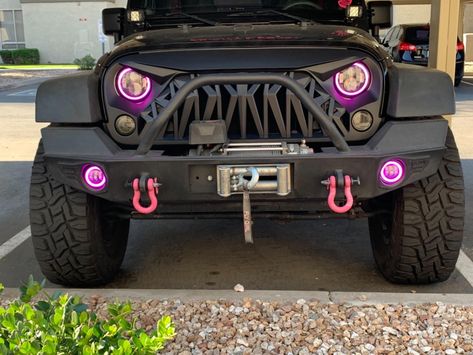 Black angry shark grill and pink halo LED Headlights & fog lights on a modified Jeep Wrangler JK, looks great. Angry Jeep Grill, Jeep Wrangler Angry Eyes, Jeep Custom Paint, Jeep Angry Eyes, Jeep Wrangler Rubicon Modified, 2000 Jeep Wrangler Sahara, Two Door Jeep Wrangler Accessories, Jeep Wrangler Accessories Exterior, Modded Jeep Wrangler