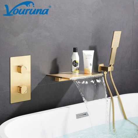 VOURUNA Wall Mounted Waterfall Bathtub Faucet Bath Filler Shower Mixer Tap Spout with Hand Shower Black/Brushed Golden/Chrome _ - AliExpress Mobile Waterfall Tub Faucet, Wall Mounted Bath Taps, Bathtub Filler, Wall Mount Tub Faucet, Metal Tub, Freestanding Tub Filler, Roman Tub Faucets, Waterfall Wall, Waterfall Faucet