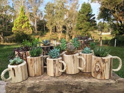 Log Planters, Landscape Timber Crafts, Takken Decor, Landscape Timbers, Lawn Art, Wood Planters, Tree Stump, Rustic Garden Decor, Flower Planters