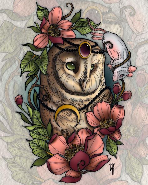 ADVERTISEMENT Cool Neo Traditional Tattoos, Neotrad Owl Tattoo, How To Draw Neo Traditional, Neotraditional Tattoo Art, Neotrad Animal Tattoo, Neo Traditional Animals, Neo Traditional Flash Tattoo, Neotraditional Animal Tattoo, Neotraditional Owl Tattoo