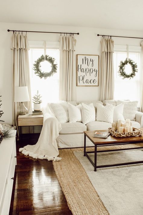 Welcome to my Christmas home tour. See all of my Christmas decor and get inspired to decorate your own home! | michealadianedesigns.com Floor Throw Pillows Living Room, Boho Curtains Dining Room, Dining Room Decor Large Wall, Small Farmhouse Apartment, French Farmhouse Window Treatments, Farmhouse Curtains Living Room, Cozy Tiny House, Koti Diy, Curtains Living