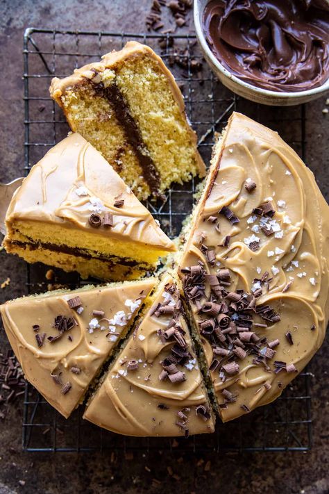 Caramel Butter Cake with Fudgy Chocolate Frosting | halfbakedharvest.com Hbh Desserts, Caramel Butter Cake, Caramel Butter, Half Baked Harvest Recipes, Chocolate Fudge Frosting, Fudge Frosting, Harvest Recipes, Winter Desserts, Half Baked