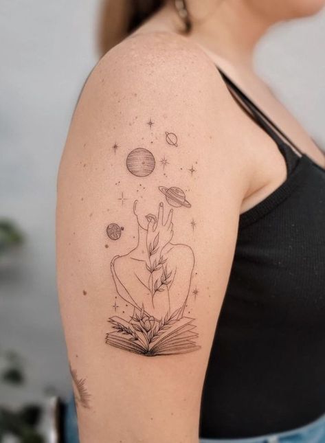 Forearm Tattoo Women Space, Woman Universe Tattoo, Space Head Tattoo, Fineline Book Tattoo, The Reader Tattoo, Head In Space Tattoo, Overthinking Tattoos For Women, Smart Tattoo Ideas, Line Work Tattoos Women